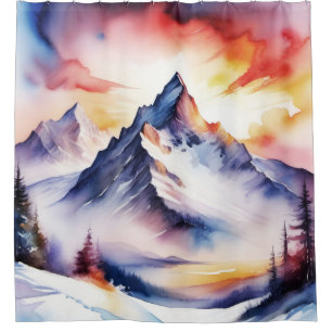 Watercolor of snow covered mountains under red sky shower curtain