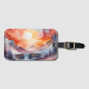 Watercolor of snow covered mountains under sunset luggage tag