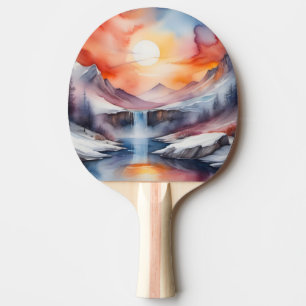 Watercolor of snow covered mountains under sunset ping pong paddle