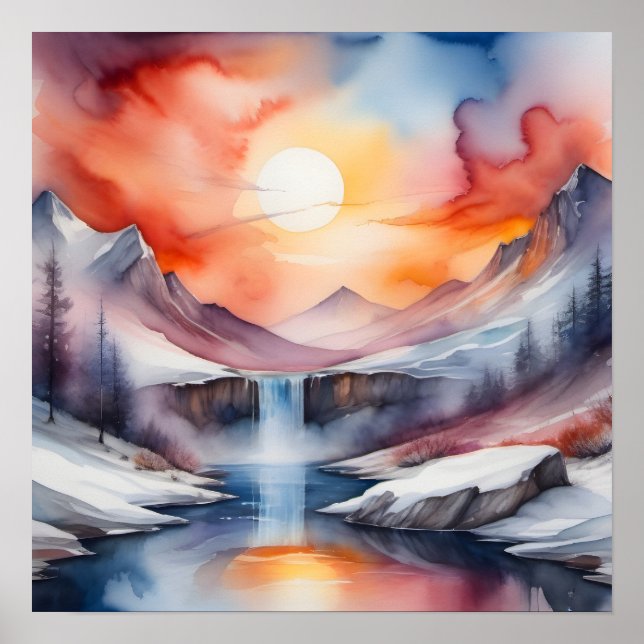 Watercolor of snow covered mountains under sunset poster (Front)