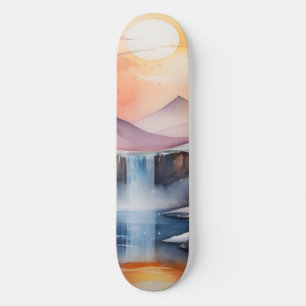 Watercolor of snow covered mountains under sunset skateboard