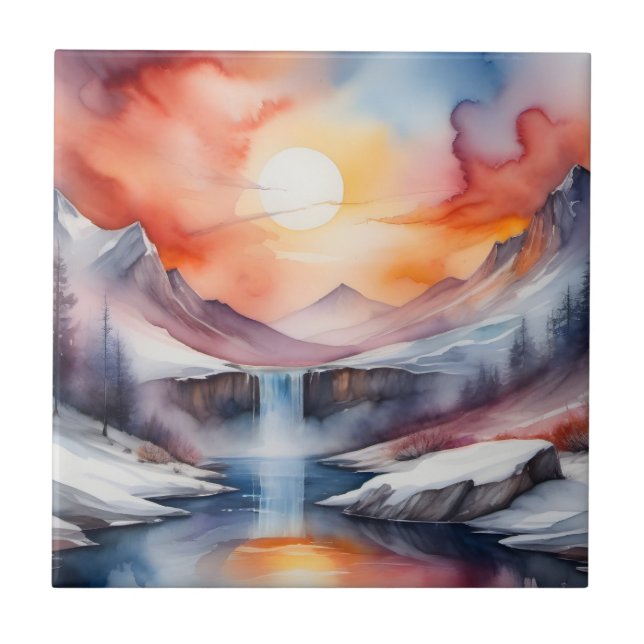 Watercolor of snow covered mountains under sunset tile (Front)