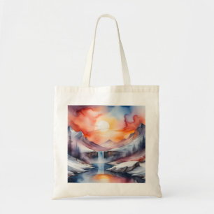 Watercolor of snow covered mountains under sunset tote bag