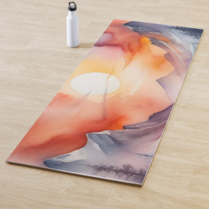 Watercolor of snow covered mountains under sunset yoga mat