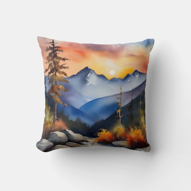 Watercolor of sunrise over snow covered mountains cushion (Front)