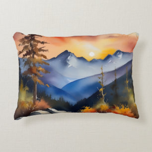 Watercolor of sunrise over snow covered mountains decorative cushion