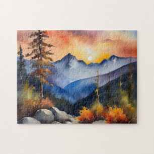 Watercolor of sunrise over snow covered mountains jigsaw puzzle