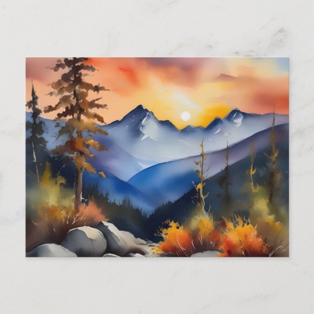 Watercolor of sunrise over snow covered mountains postcard (Front)