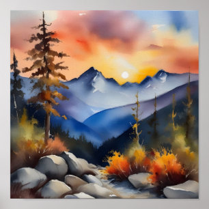 Watercolor of sunrise over snow covered mountains poster