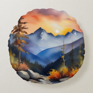 Watercolor of sunrise over snow covered mountains round cushion