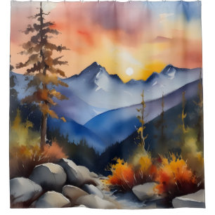 Watercolor of sunrise over snow covered mountains shower curtain