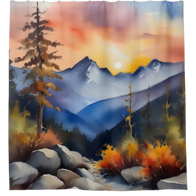 Watercolor of sunrise over snow covered mountains shower curtain (Front)