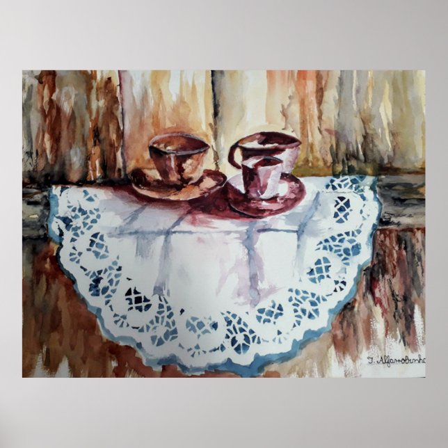 Watercolor of tea cups, lace linen. wood wall poster (Front)