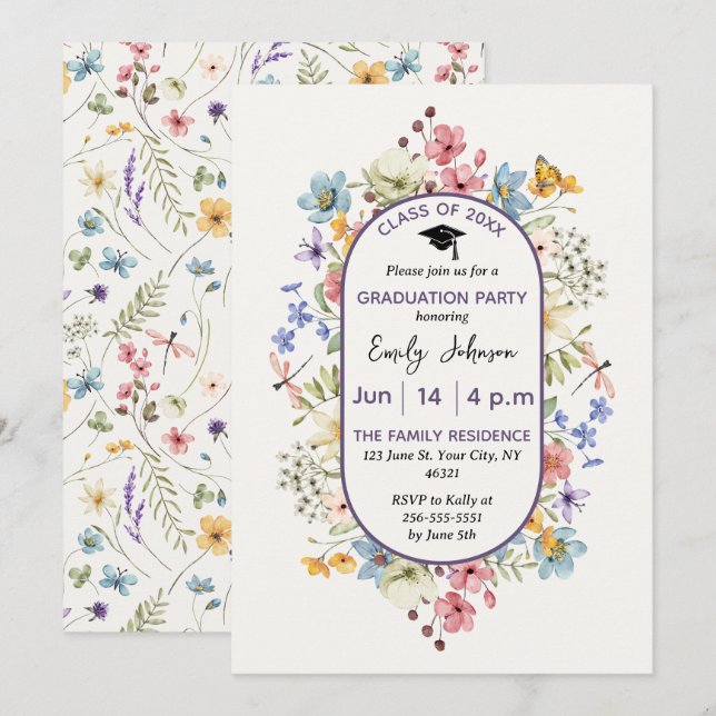 Watercolor Off-White Floral Chic Graduation  Invitation (Front/Back)