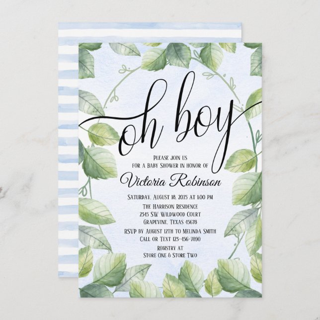 Watercolor Oh Boy Greenery Leaf Baby Shower Invitation (Front/Back)