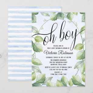 Watercolor Oh Boy Greenery Leaf Baby Shower Invitation