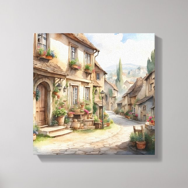 Watercolor old European village with rustic view. Canvas Print (Front)