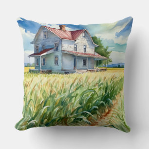 Watercolor Old Farmhouse and Corn Field Cushion