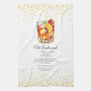 Watercolor Old Fashioned Custom Cocktail Recipe Tea Towel