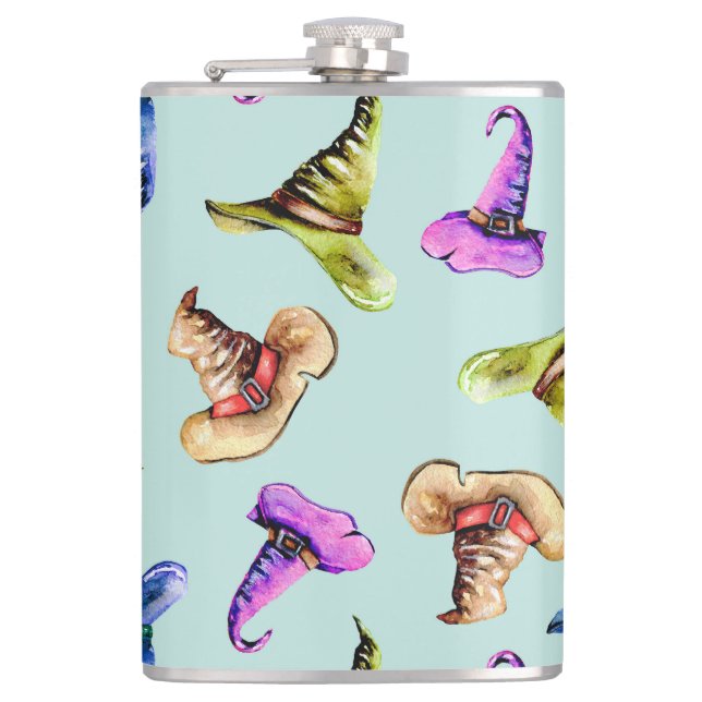 Watercolor old hats: blue background. hip flask (Front)