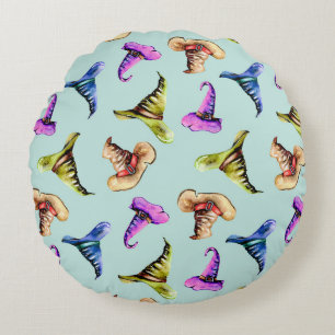 Watercolor old hats: blue background. round cushion