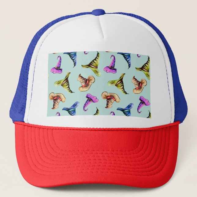 Watercolor old hats: blue background. trucker hat (Front)