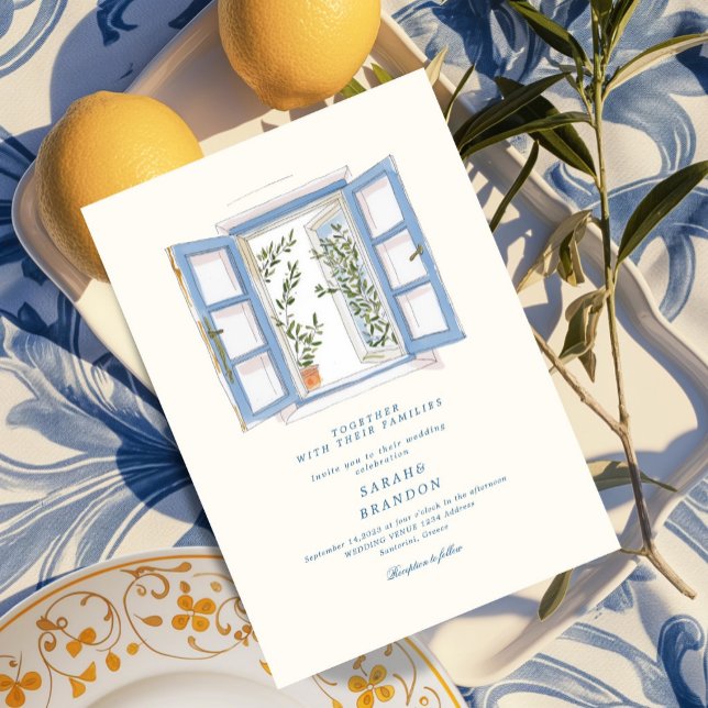 Watercolor Olive Blue tile Greece Wedding  Invitat Invitation (Creator Uploaded)
