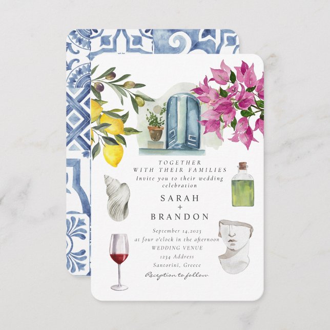 Watercolor Olive Blue tile Greece Wedding  Invitation (Creator Uploaded)