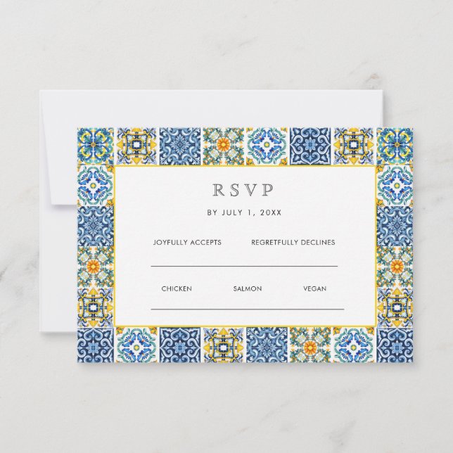 Watercolor Olive Blue tile Mediterranean Wedding (Front)