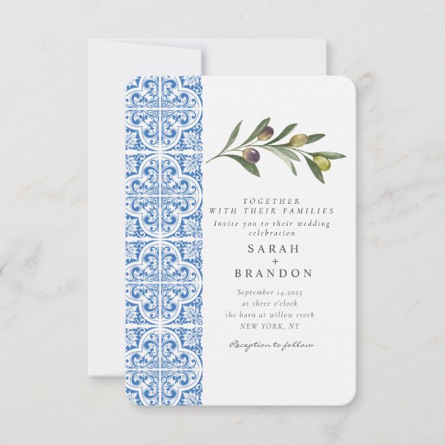 Watercolor Olive Blue tile Mediterranean Wedding Invitation (Front)