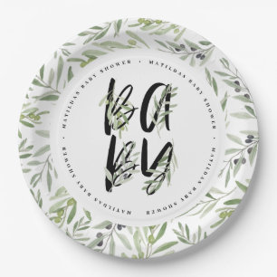 Watercolor olive branch foliage baby shower party paper plate