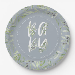 Watercolor olive branch foliage baby shower party paper plate