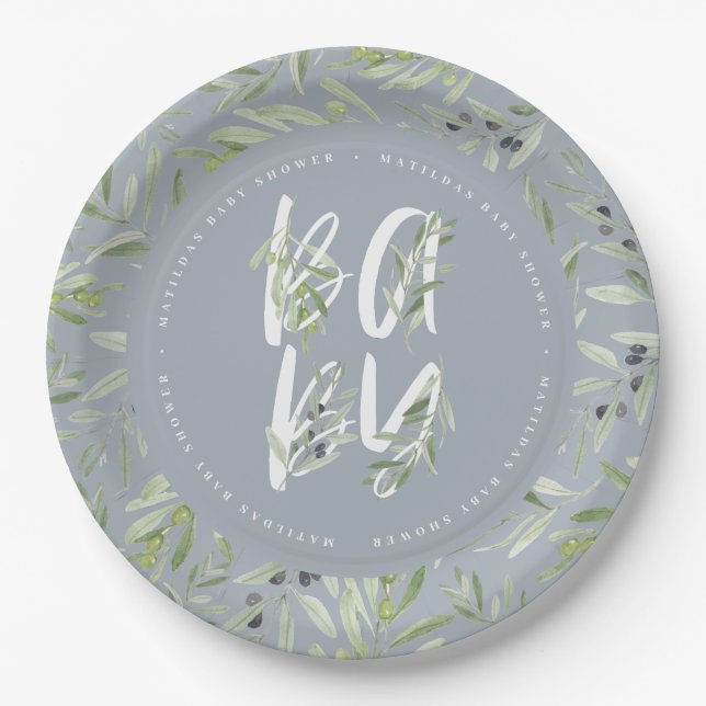 Watercolor olive branch foliage baby shower party paper plate (Front)