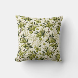 Watercolor Olive Branch Pattern Mediterranean Cushion