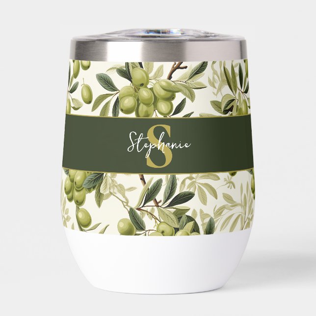 Watercolor Olive Branch Pattern Monogram Name (Front)