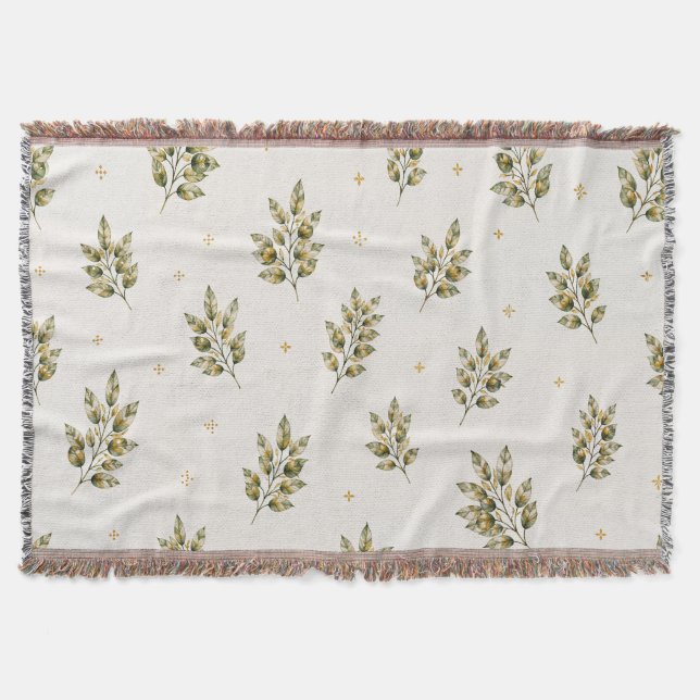 Watercolor Olive Branch Throw Blanket | Mediterran (Front)