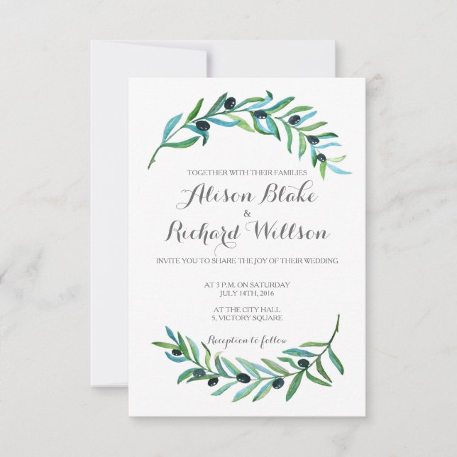 Watercolor olive branch wedding invitation card (Front)