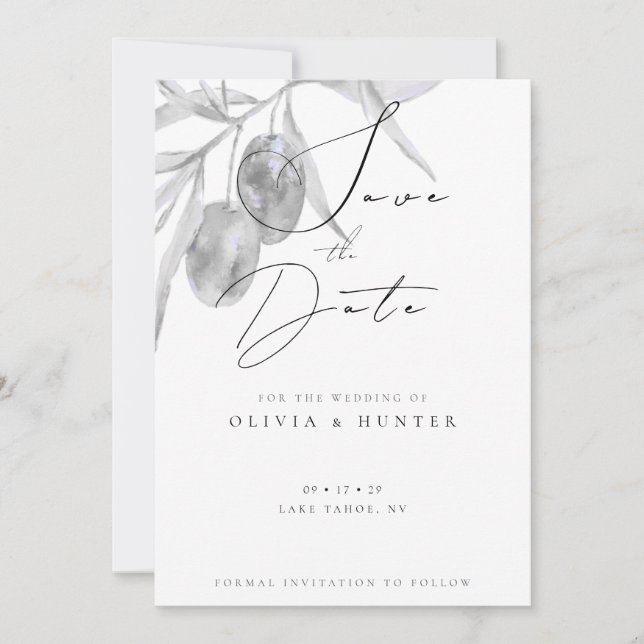 Watercolor Olive Branch Wedding Save the Date Card (Front)