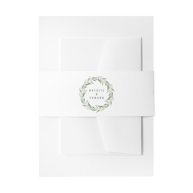 Watercolor olive branch wreath foliage wedding invitation belly band (Front Example)
