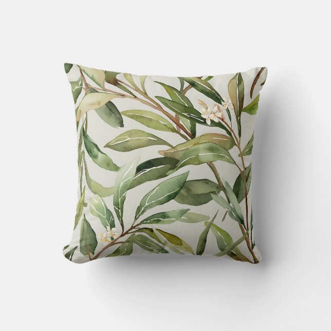 Watercolor Olive Branches Botanical Cushion (Front)
