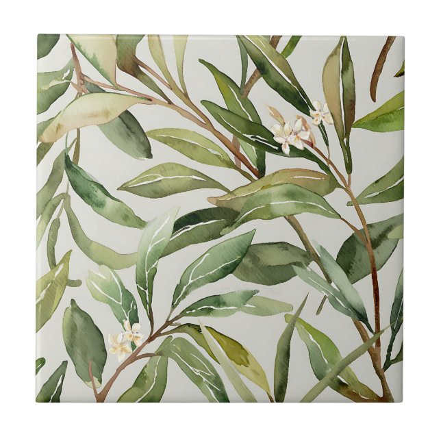 Watercolor Olive Branches Botanical Tile (Front)