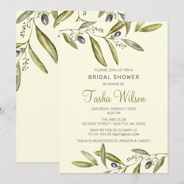 Watercolor olive branches bridal shower invitation (Front/Back)