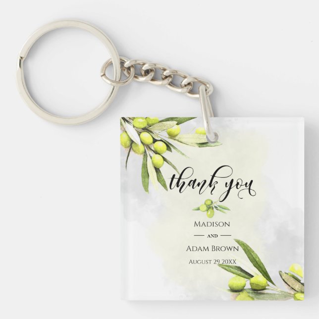 Watercolor Olive Branches Wedding Thank You Key Ring (Front)