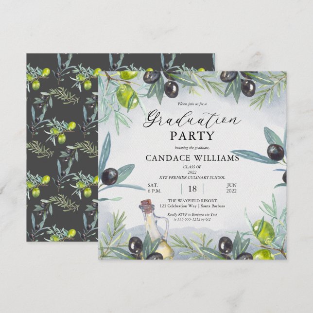 Watercolor Olive Culinary School Graduation Party  Invitation (Front/Back)