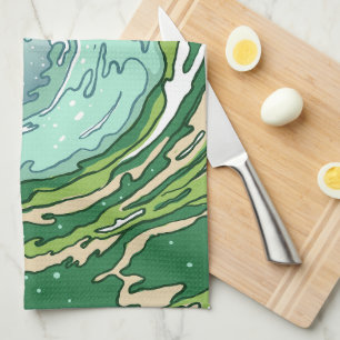 Watercolor Olive Forest Green Teal Sea Waves   Tea Towel