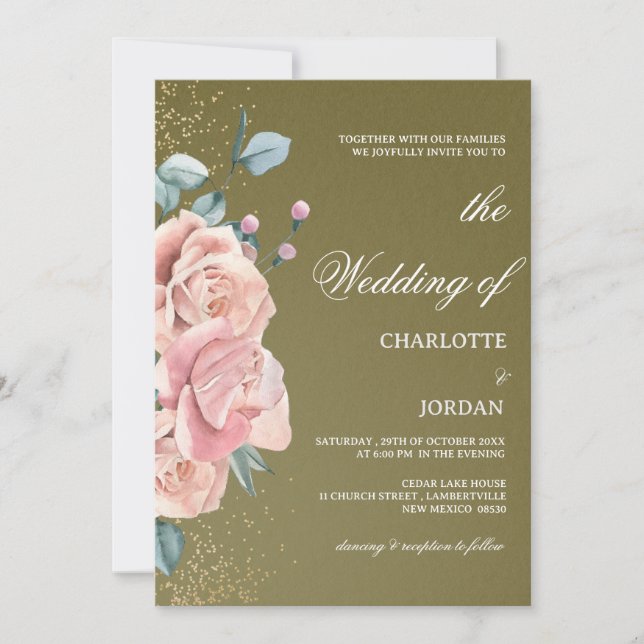Watercolor Olive Green And Blush Pink Wedding Invitation (Front)