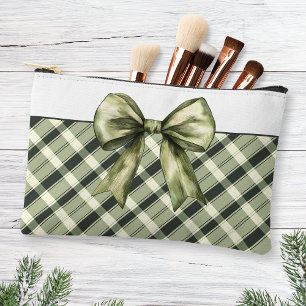 Watercolor Olive Green Bow Plaid Modern Rustic Accessory Pouch
