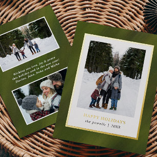 Watercolor Olive Green  Frame 3 Photos Christmas Foil Holiday Card