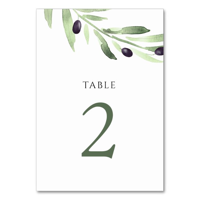 watercolor olive greenery Table Number 2 (Front)