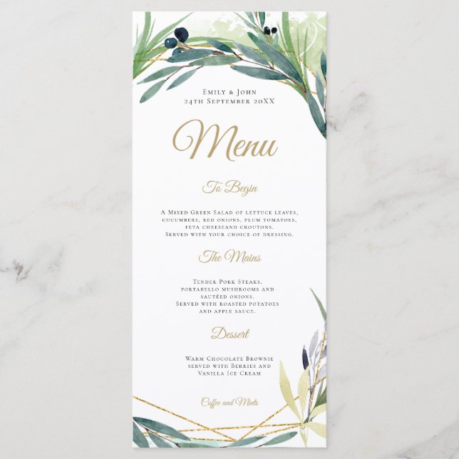 Watercolor Olive Leaf Geometric Frame Wedding Menu (Front)